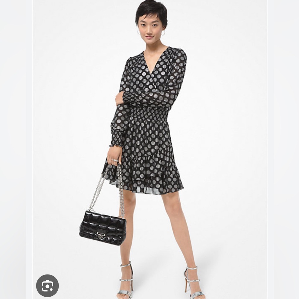 michael kors metallic dot georgette ruffled wrap dress